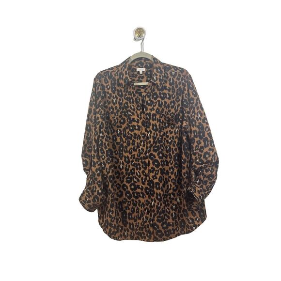 TALBOTS Button Down Blouse 2X Brown Black Leopard Print Roll Tab Sleeve Pockets - Picture 1 of 11